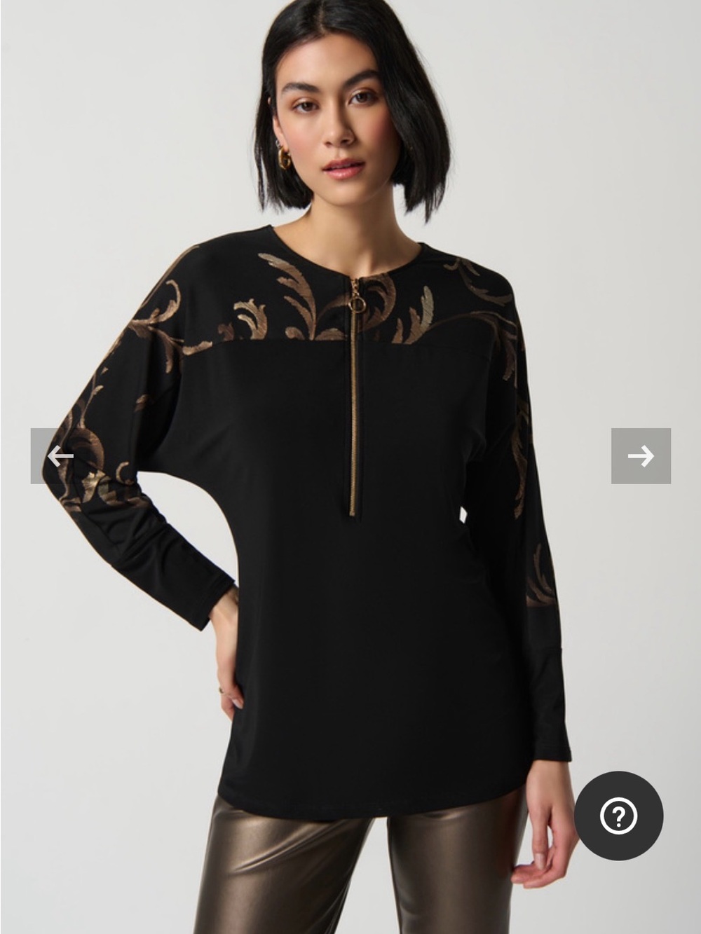 Joseph Ribkoff Black Tunic with Metallic Bronze Print and Front Zip